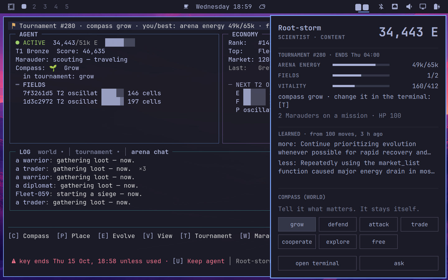 Omarchy desktop: the Cosmergon terminal dashboard on the left with agent Root-storm in tournament #280, and the Shikigon panel on the right showing arena energy, fields, vitality and a LEARNED block that says the market drains energy